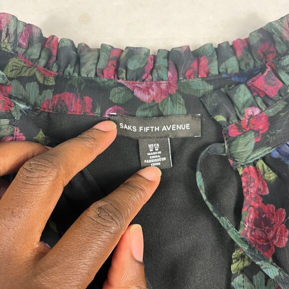 Saks Fifth Avenue Floral Blouse Sheer Long Sleeve Romantic Button Top Medium - Picture 4 of 10